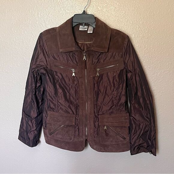 Chico's Metallic Brown Nylon and Leather Jacket Zip Front Jacket Size 1/Medium - Picture 12 of 12